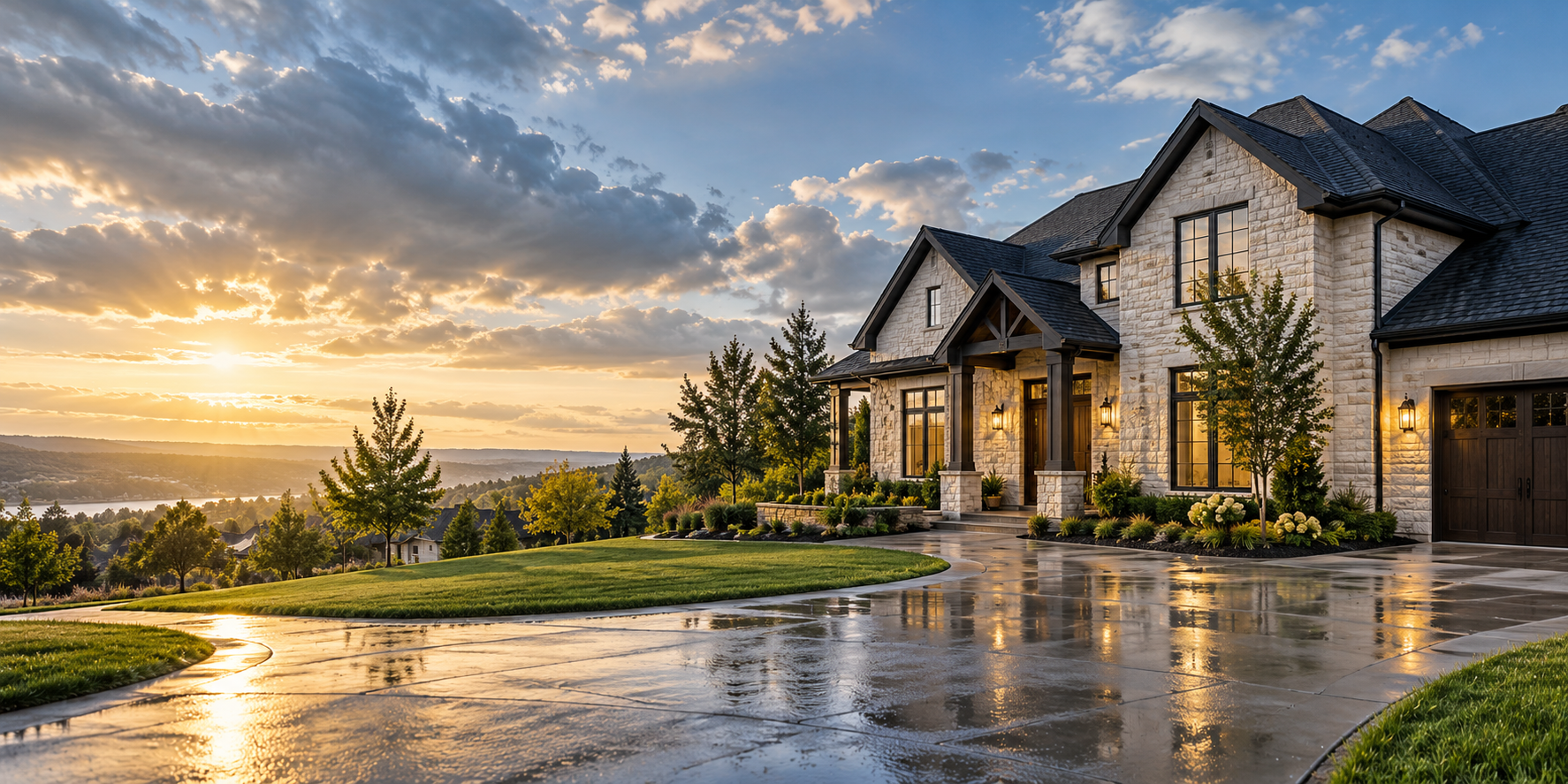 A home in warm sunlight after rainfall